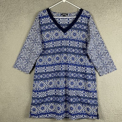 Lands End Women L 14-16 Deep Sea Mixed Majolica Blue White V Neck Dress Cover Up