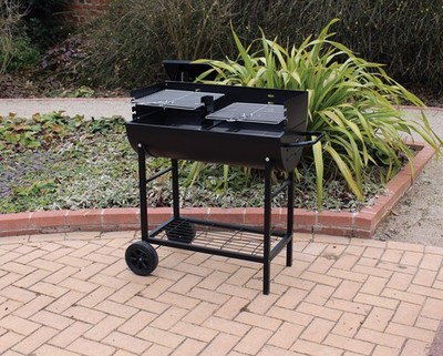 Halbes Fass Stahl BBQ Trommelgrill 2 Chromgestelle 3 Höhenstufen auf Rädern