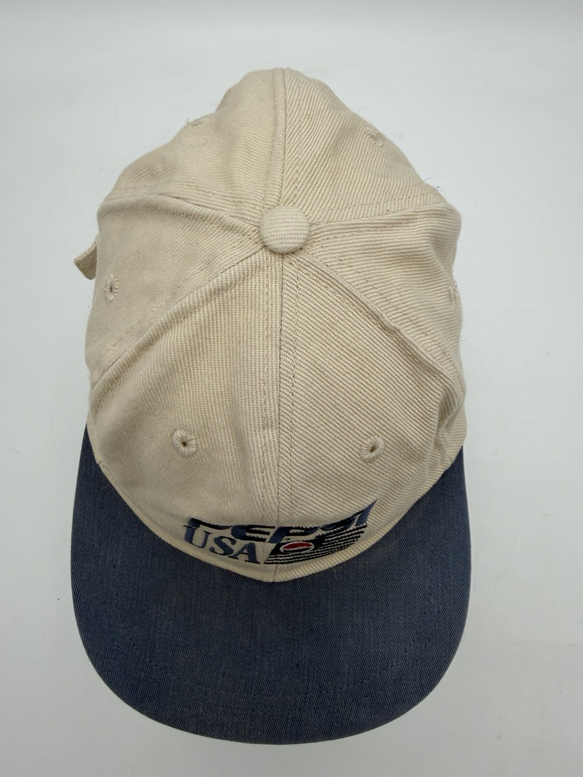 String Cursive Font Vintage Pepsi USA Hat Strapback Advertising Cap Beige Blue Brim Script ...