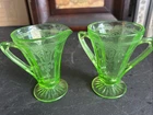 Set Anchor Hocking Green Block Optic Uranium Glass Creamer & Sugar
