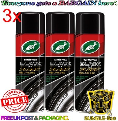 3 x Turtle Wax Black in a Flash Reifenverband Auto Außen Kunststoff Glanz 500ml