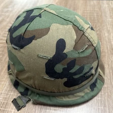 Vintage US M1 Helmet with Liner, Woodland Camouflage Cover & Helmet Band