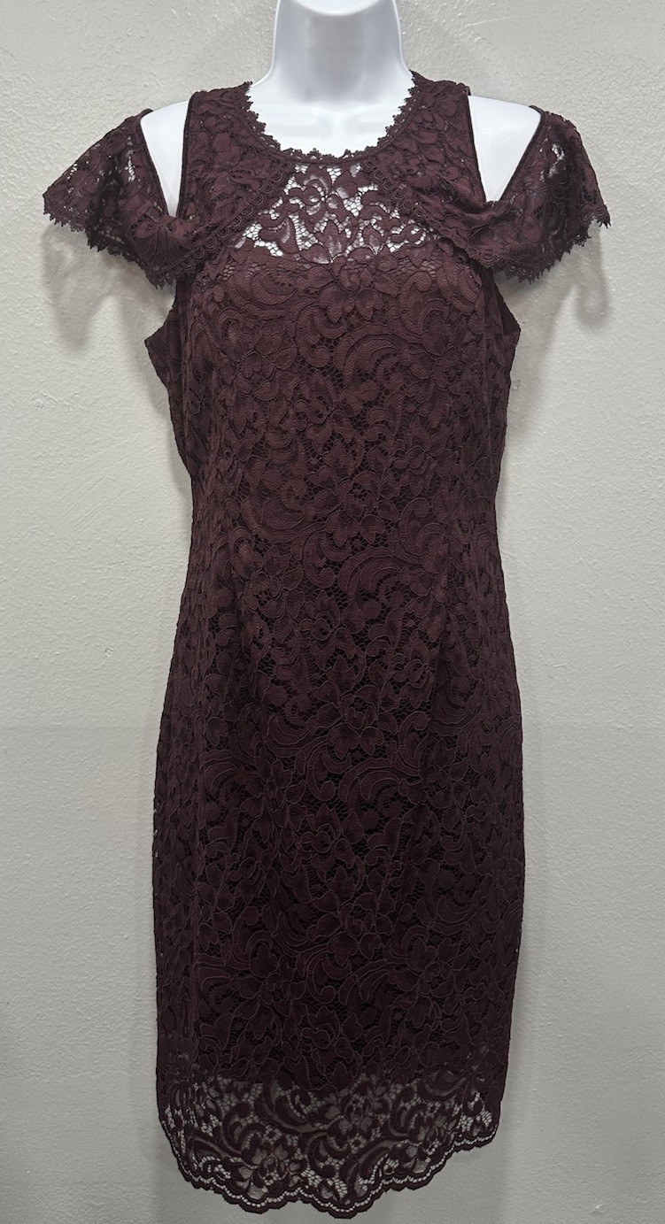 White House Black Market Midi Lace Dress Sz 6 Burgundy Cold Shoulder Lining Zip