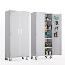 72'' Tall Garage Storage Cabinet, Metal Storage Cabinet with Pegboards  Wheels