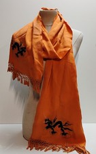 Vtg Orange Silk Black Dragon Pattern Embroidery Scarf Wrap w Tassel Handkerchief