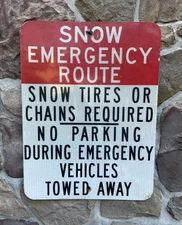 RARE Vintage Authentic SNOW EMERGENCY ROUTE Metal Traffic Road Sign Red 24x18  b