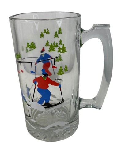 Vintage Ski Scene Beer Mug Clear Glass Winter Sports Theme