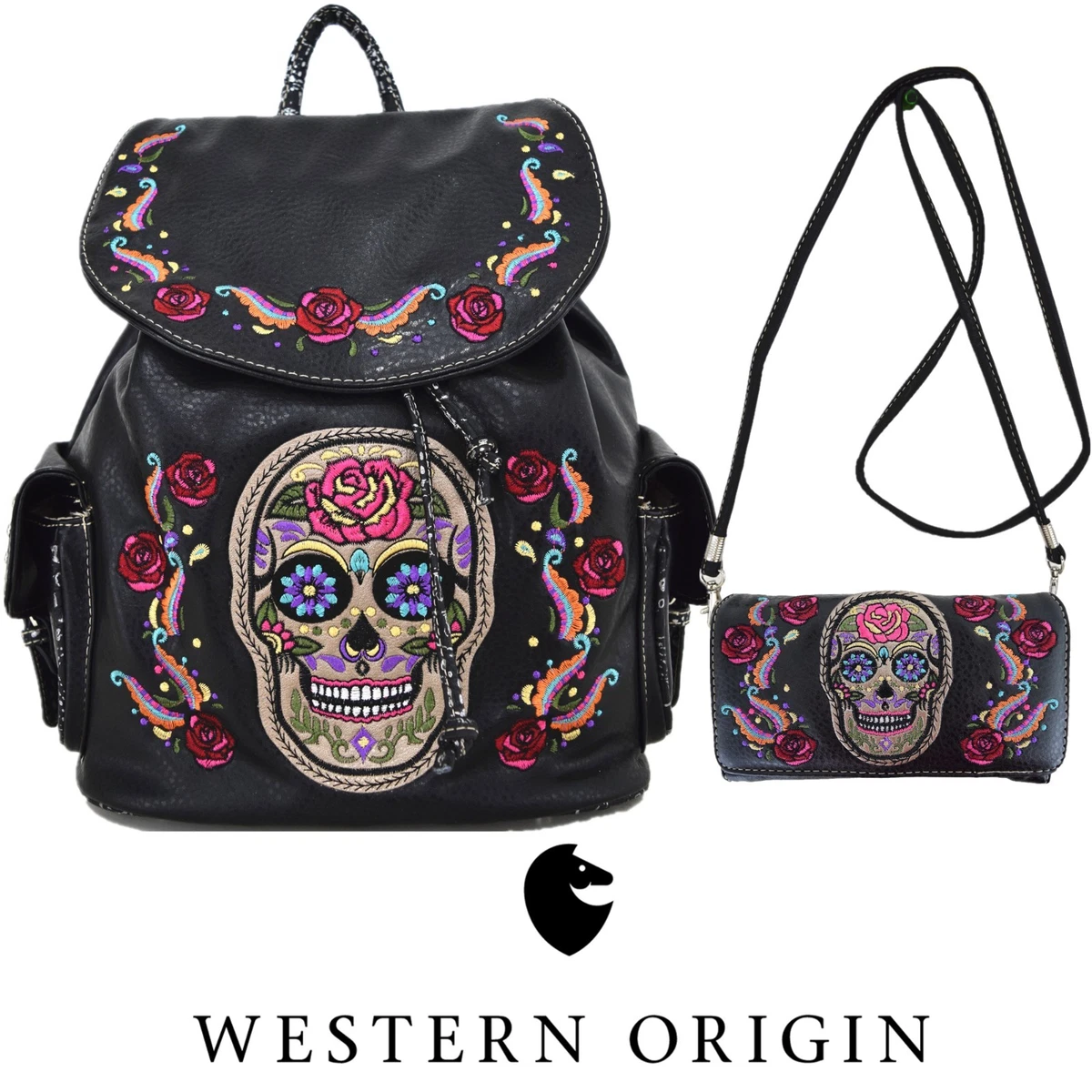 Black Faux Leather Sugar Skull Embroidered Studded Mini Backpack Sling Bag NEW Amazon.com: Sugar Skull Day of the Dead Backpack Purse Set  main image 4