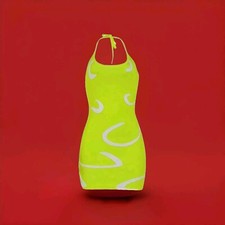 Womens Size 20 UK Lime Abstract Brush Bodycon Short Halter Dress New 2XL Neon