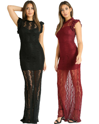 Maxikleid Damen eng Spitze lang sexy Beine durchsichtig 1518 Neu