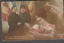 France c WWI military/woman romantic post card Happy Easter/Heureuses Paques