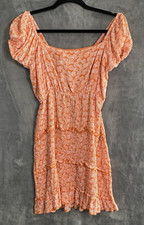 SIM & SAMS Women Puff Sleeves Open Back Babydoll Dress Sz L Orange Boho Y2K 51-2