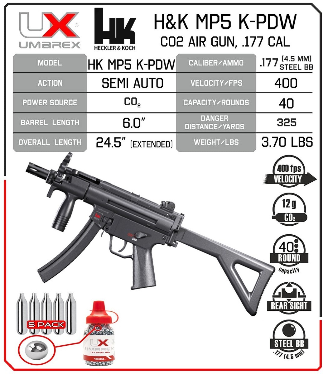 Umarex HK MP5 K-PDW .177 Cal Air Gun, CO2 Blowback, BBs