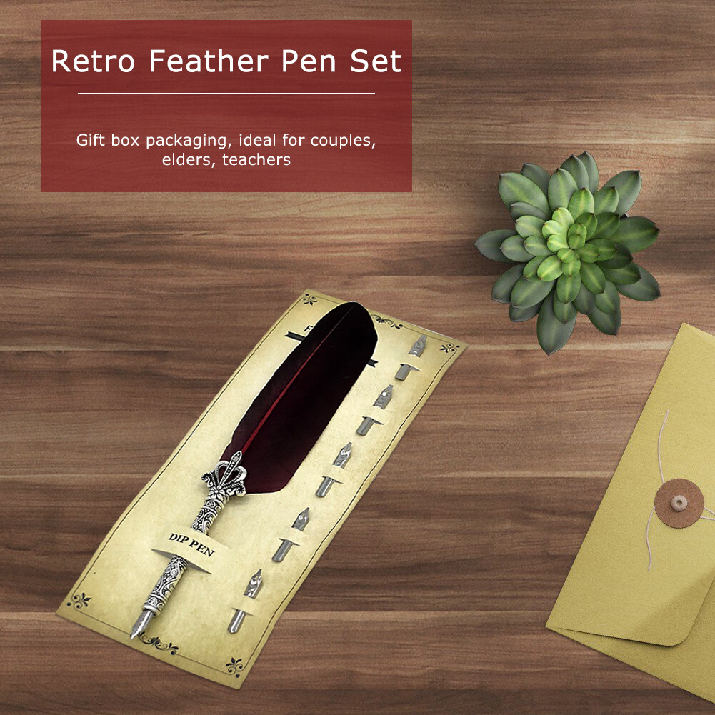 Calligraphy Feather Dip Pen+5 Nib Writing Quill Fountain Pen (Wine Red
