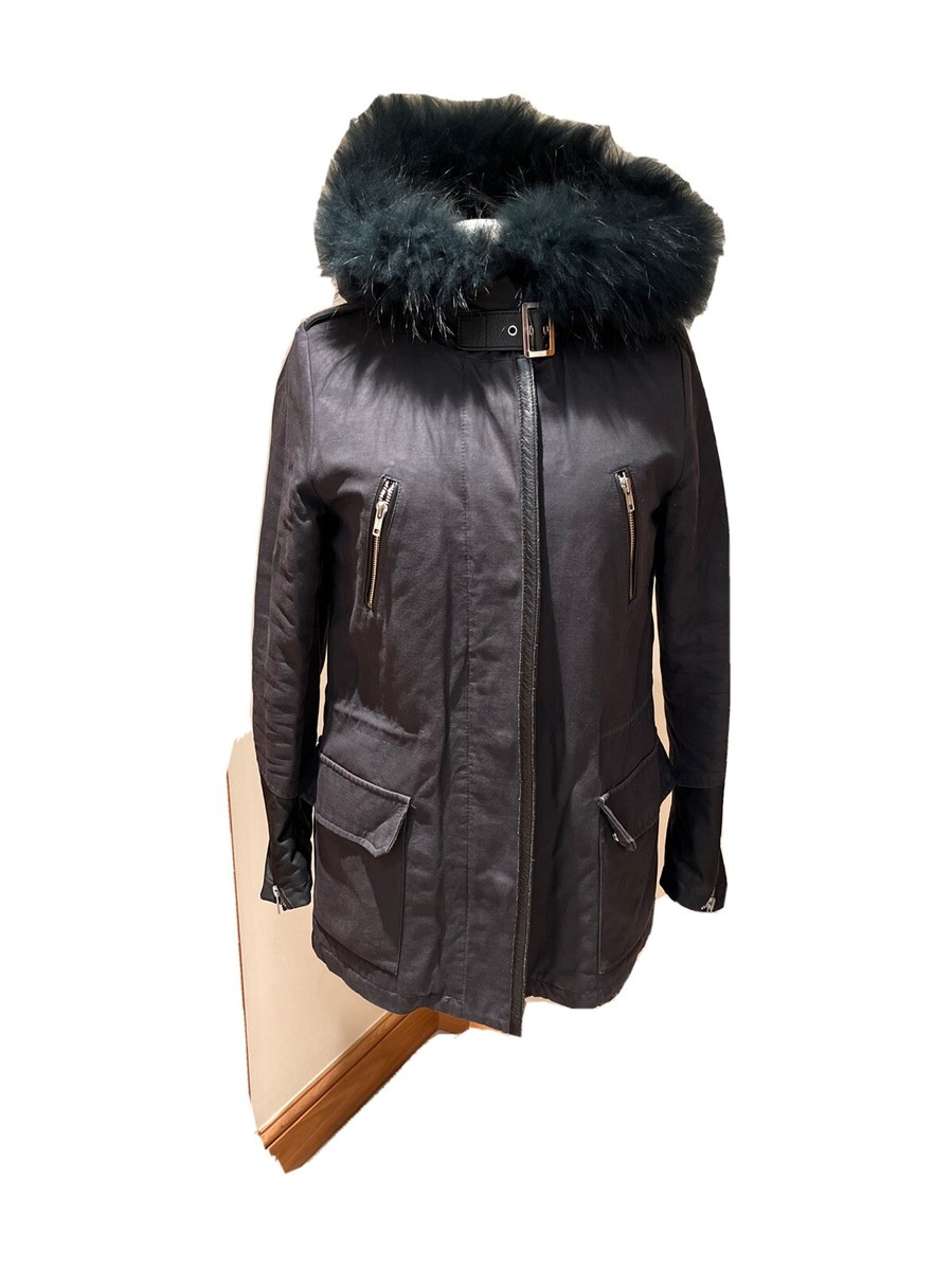 Maje Dark Grey Hooded Parker With Green Faux Fur Lining & racoon 