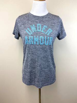 Under Armour S Heather Gray Aqua Logo Heatgear Shirt Short Sleeve Loose Fit