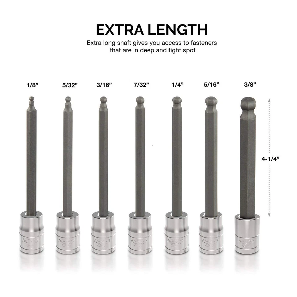 Neiko 7 pc SAE 3/8" Drive Ball End Hex Bit Socket Set Extra Long 1/8" - 3/8" - Image 4 of 4