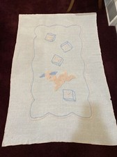 VTG Chenille Baby Quilt  Lamb with Baby Blocks 62" x 41" White Pink Blue