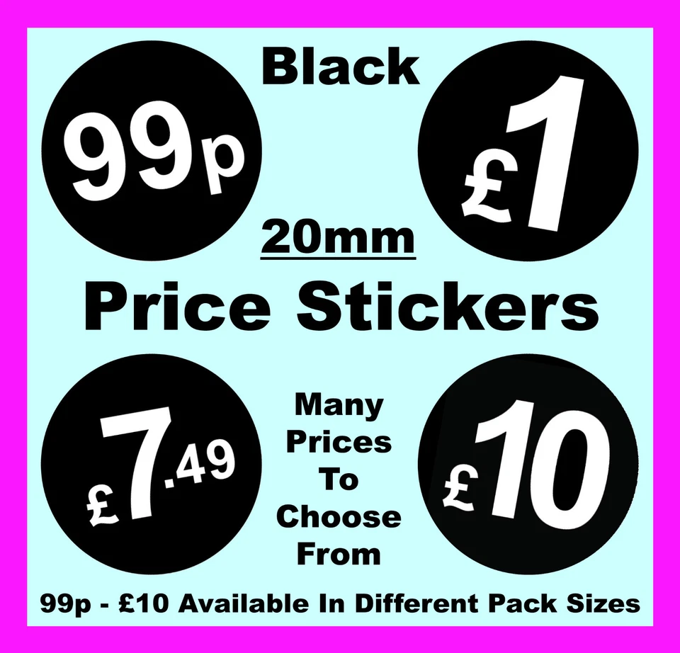 PRICESTICKERS 20mm Black Price Point Stickers / Sticky Labels / Swing Tag Labels 99p £1 £1.99