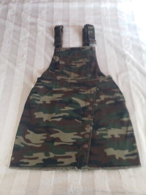 Forever 21 Camo Green Brown Tan Jean Overall Mini Dress Skirt