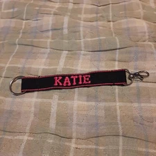 KATIE Embroidered Name Strap Key Ring, Keychain with Clasp (BLACK & PINK)