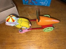 Vintage Japan - mechanical HOPPING BUNNY w Carrot Cart - tin litho windup TOY