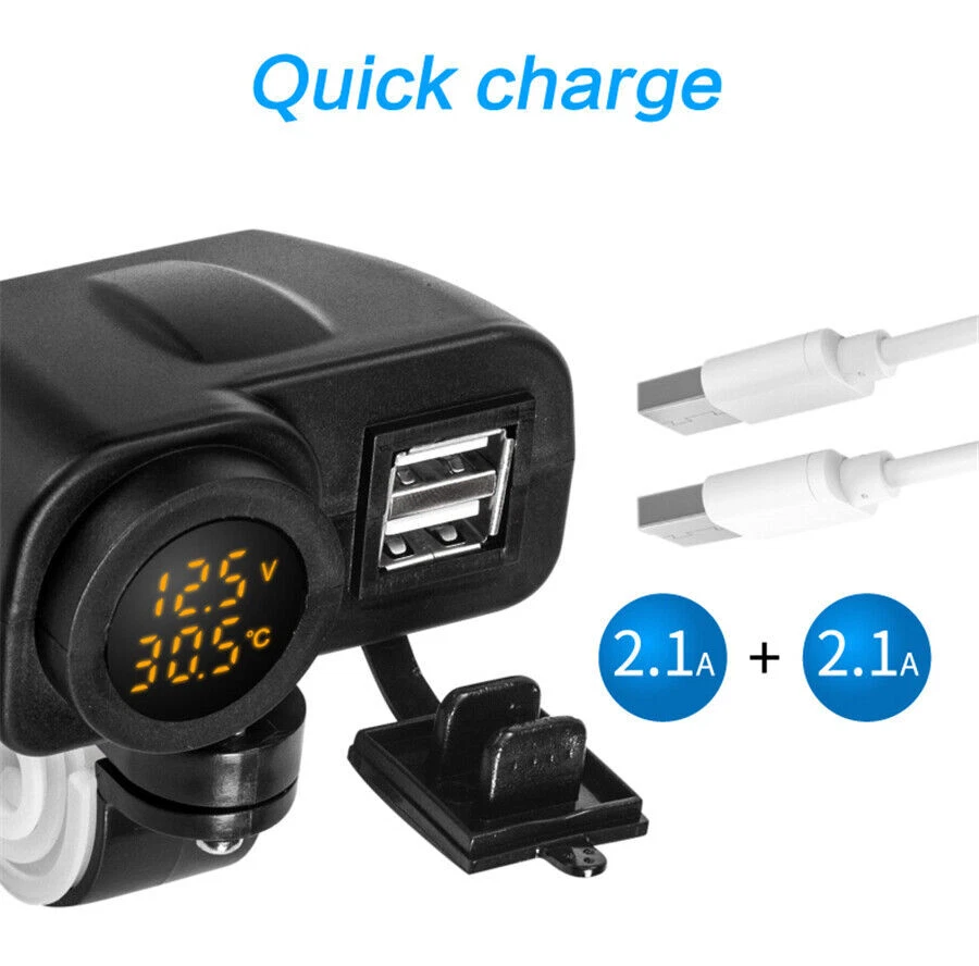 12V Dual USB Charger LED Digital Voltmeter & Thermometer For Motorcycle Scooter - Image 3 of 4