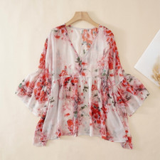 Blusa Donna Stampata Con Fiori Maniche Scerpate Svasate Fit Largo Sottile Estate