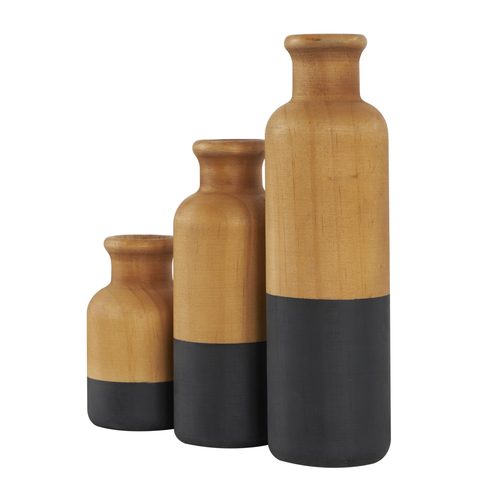 3 Pack Brown Wood Decorative Centerpiece Vases with Black Bases, 10, 8, 5 H
