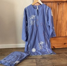 ETHNC XS Blue Embroidered Cotton Salwar Kameez Traditional Outfit Set Women