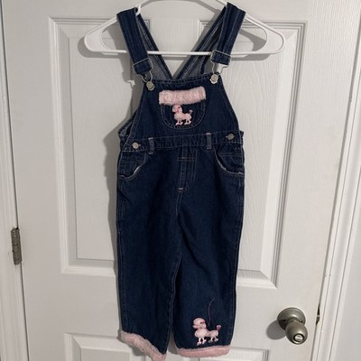 Vtg Miss Lana Denim Todder Overalls With Fluffy Pink Poodles Girls 4T