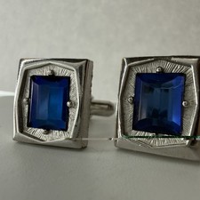 Vintage SWANK Cufflinks Silver Tone Square Blue Glass Stone Mid Century Signed
