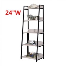 24"W Leaning Wooden Ladder Bookshelf 5-Tier Wendral Natural Black Freestanding