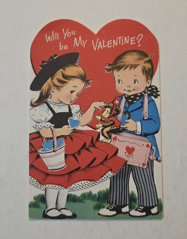 Vintage Norcross Valentine’s Day Card Boy & Girl With Monkey & Music Box