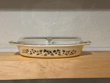 Vintage 1960's Pyrex Divided Casserole Dish, Golden Acorn, 1.5 Quart with Lid