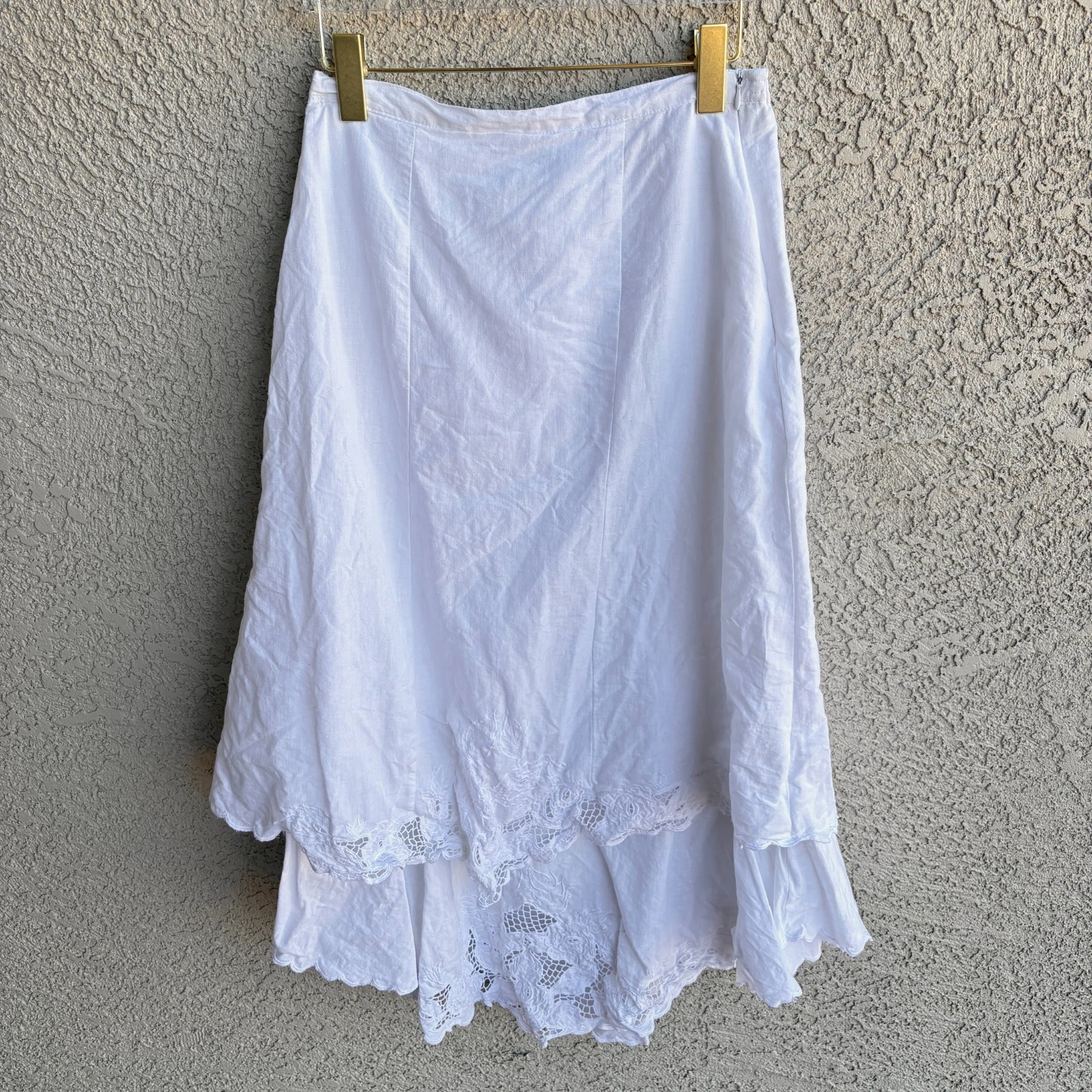 Kaya Paso Robles Boutique White Linen Blend Tiered Lace Trim Midi Skirt Cottage