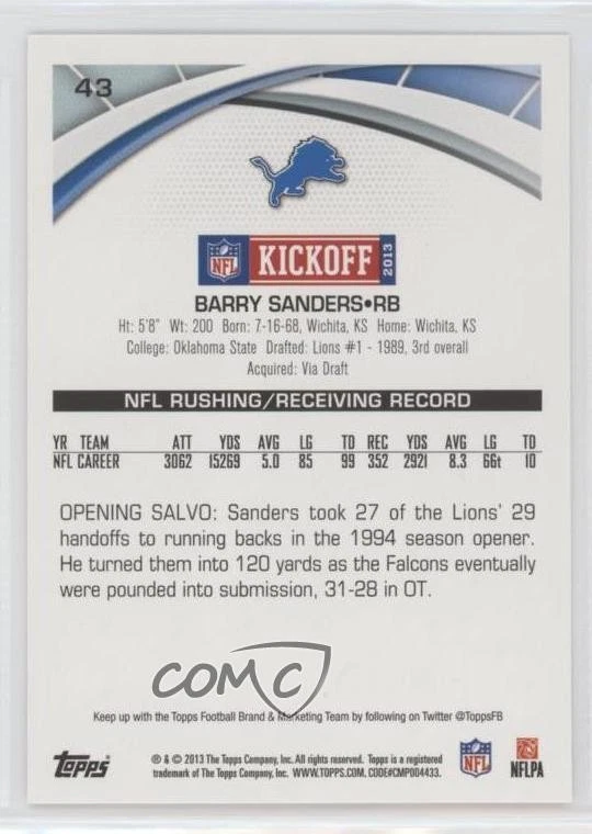 2013 Topps Kickoff Barry Sanders #43 HOF - Image 2 of 2