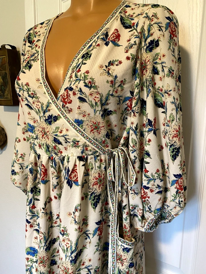 MAX STUDIO BOHEMIAN FLORAL W/ TAPESTRY RIBBON TRIM FAUX WRAP DRESS SZ S - Image 4 of 4
