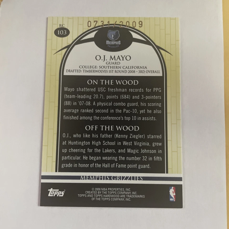 2008-09 Topps Hardwood # 103 O.J. Mayo RC # 731/2009 Memphis Grizzlies NBA - Image 2 of 4