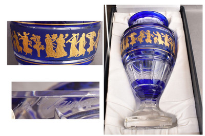 Blumenvase Val Saint Lambert Kristall goldvergoldet kobaltblau geschliffenes ...