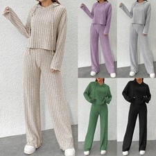 Women Hooded Top Pants Co-ord 2PCS Set Ribbed Lounge Wear Casual Tracksuits 6-18
