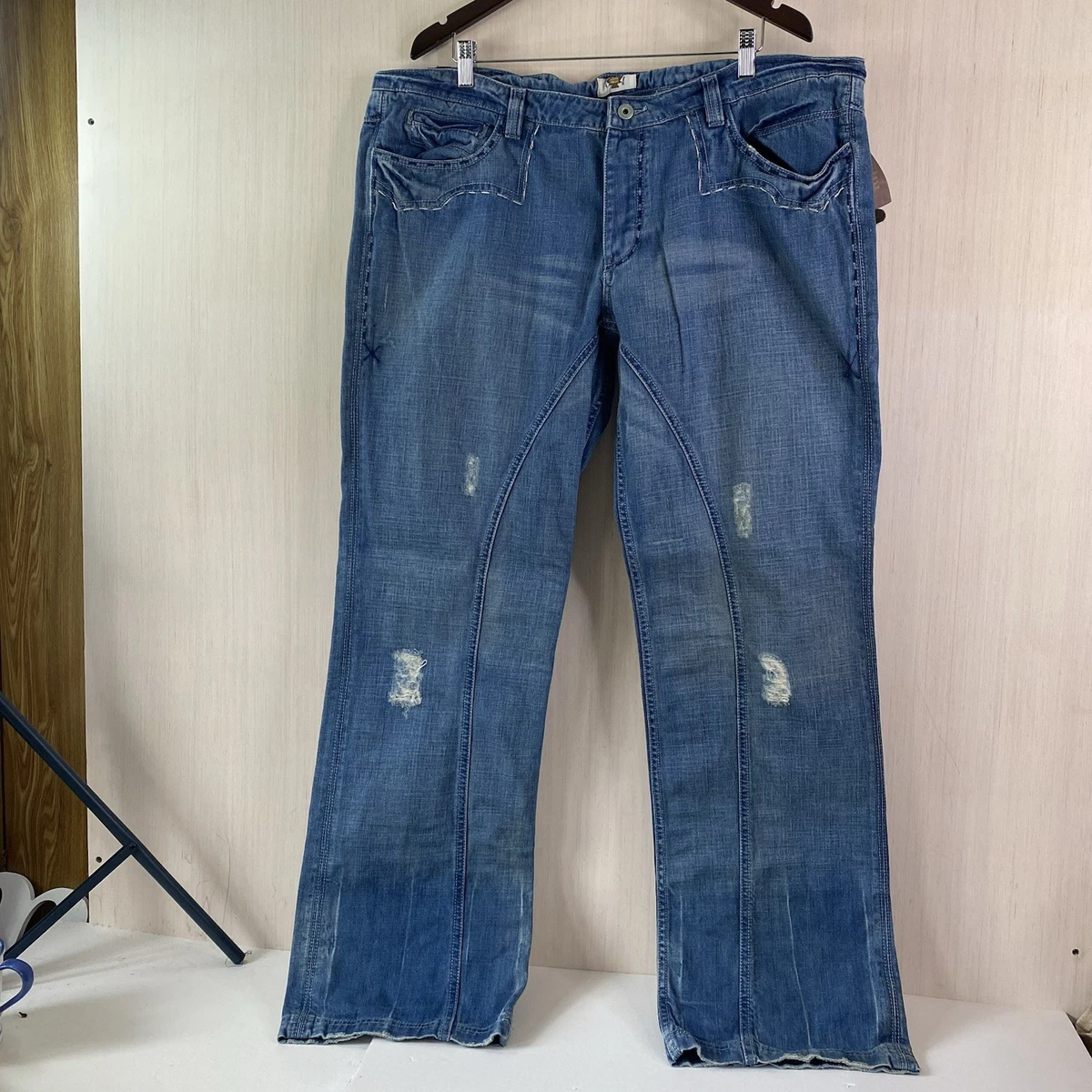 Jeans Antik Denim Homme - Taille 29 - Coupe Bootcut - Denim Clair Avec Surpiqûres Orange