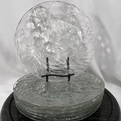 6 Vintage Glass Embossed Grape Cluster Clear Dinner Plates KIG Indonesia 10 1/4''