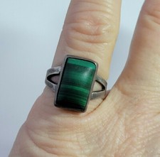 Women's Sterling Silver Banded Green Malachite Rectangle stone sz 6 Ring M 14