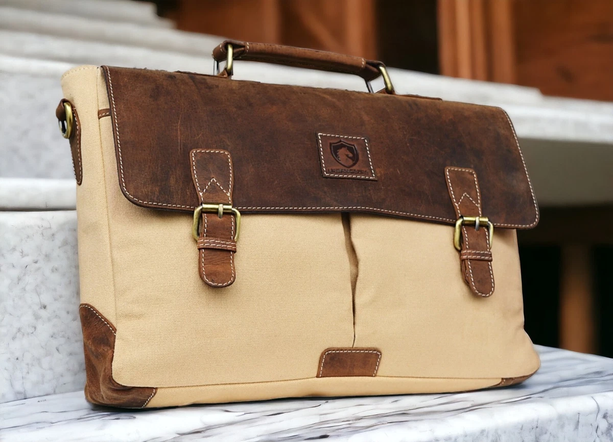 16 Men Brown Leather and Cream Canvas Messenger College Laptop Briefcase  Bag