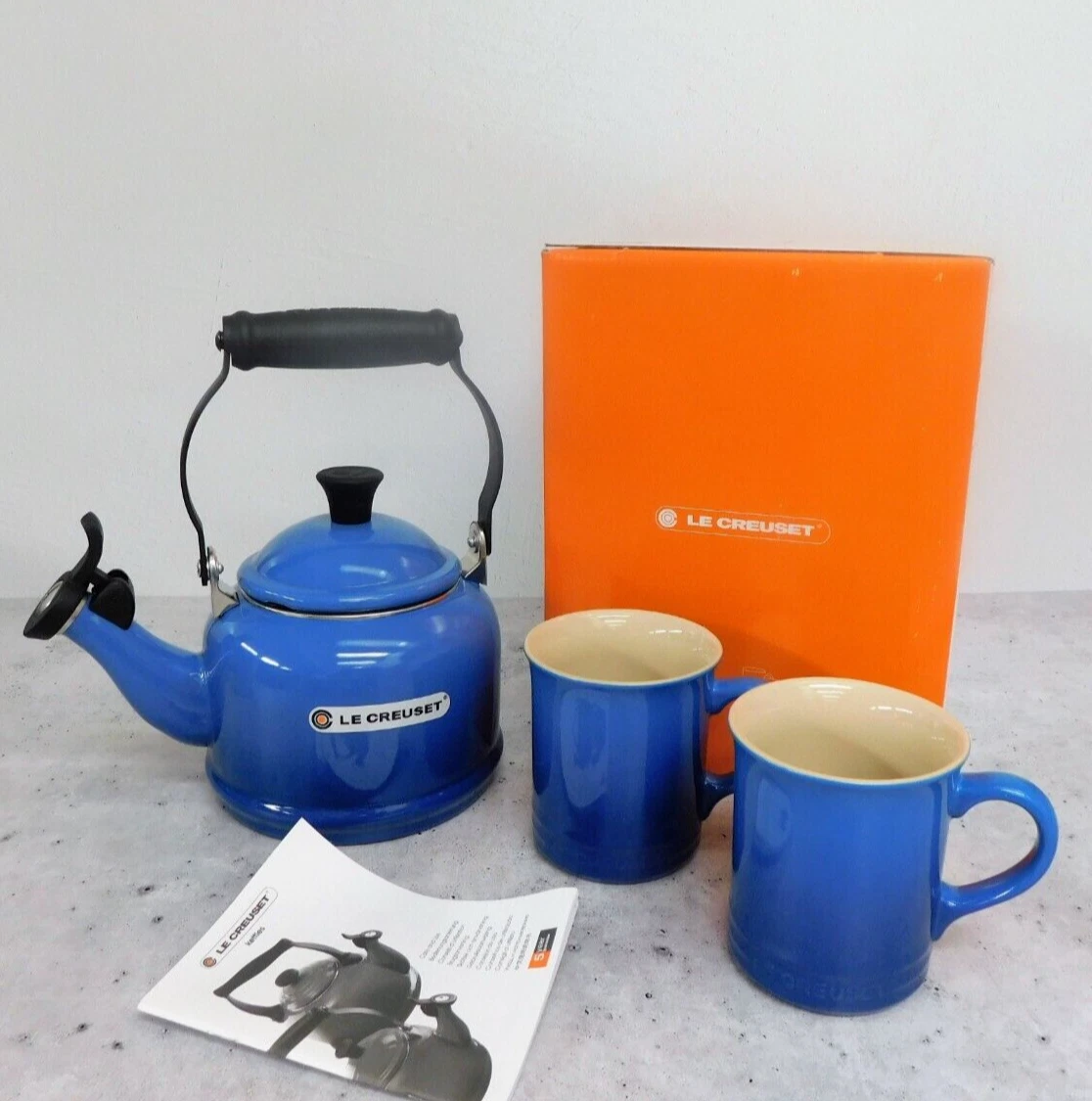 Le Creuset Enamel on Steel 1.25 Quart Demi Tea Kettle and 2 Mug Set Marseille