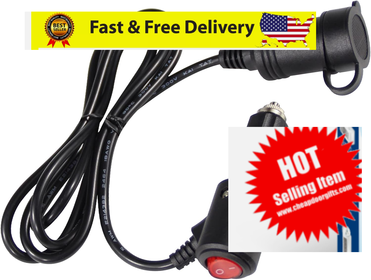 Cigarette Lighter Extension Cord with On Off Switch Male Plug to Female Socket