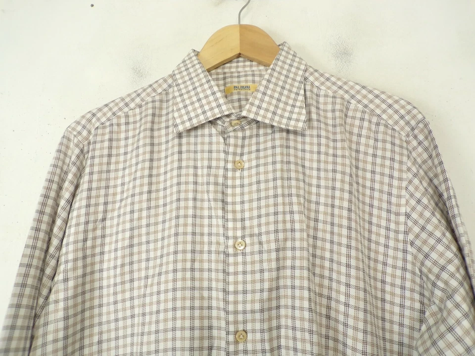 Camisa de vestir PAL ZILERI para hombre talla 17 43 blanca y marrón a cuadros con botones Foto 2 de 4