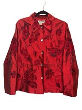 Coldwater Creek Jacket Womens M Silk Blend Red Black Floral Embroidered Button