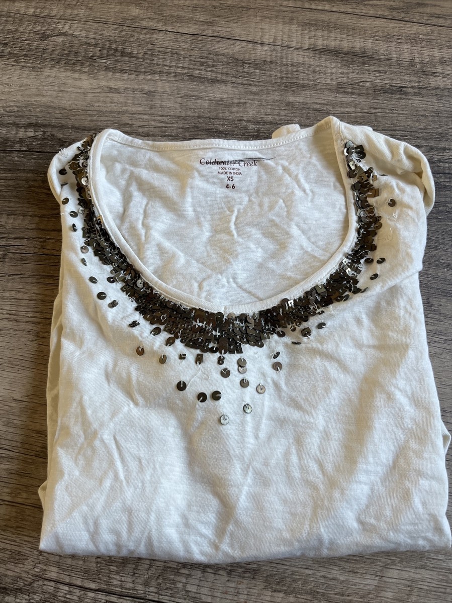 Haut Coldwater Creek Taille XS (4-6) - Blanc Avec Broderies, Manches Courtes - Occasion En Très Bon état